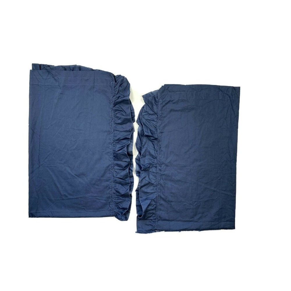 2 Vintage Navy Blue 63" Curtains Drapes Panels Ruffles Trim 1970s Pair Retro htf